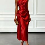 One-Shoulder Draped Satin Midi Dress with Ruched Waist