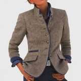 Tailored Blazer with Stand Collar and Contrast Trim