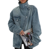 Oversized Denim Jacket with High Collar and Button Front