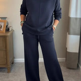 Cowl Neck Drawstring Two-Piece Set with Wide-Leg Pants