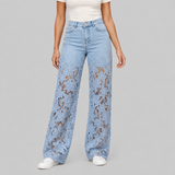 High-Waisted Floral Lace Wide-Leg Jeans with Cutout Detail