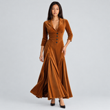 Velvet Maxi Dress with Collared V-Neck and Flared Skirt
