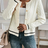 Button Front Cable Knit Cardigan with Ribbed Trim