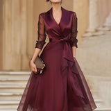 Wrap Midi Dress with Sheer Sleeves and Tie Waist