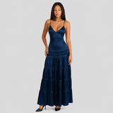 Satin V-Neck Maxi Dress with Cutout Waist and Tiered Skirt