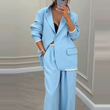 Women's Two Piece Suit with Contrast Trim Blazer and Pleated Wide Leg Pants
