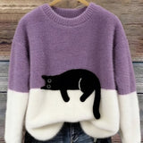 Cat Color block Oversized Fuzzy Knit Sweater