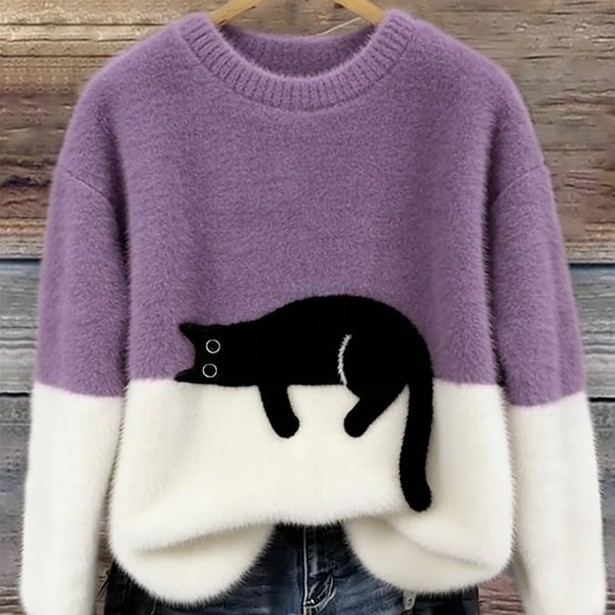 Cat Color block Oversized Fuzzy Knit Sweater