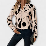 Abstract Print Blouse with Split Neck and Long Sleeves