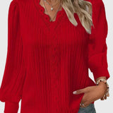 Pleated Lace-Trim V-Neck Blouse with Puff Sleeve