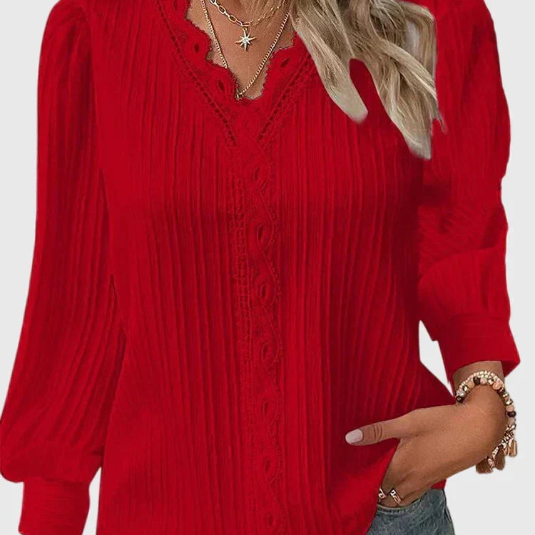 Pleated Lace-Trim V-Neck Blouse with Puff Sleeve