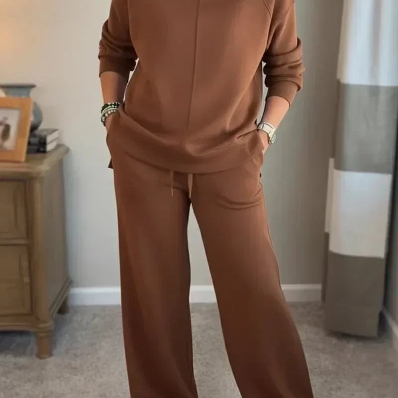 Cowl Neck Drawstring Two-Piece Set with Wide-Leg Pants
