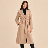 Women's Long Coat with Double Breasted Button Front and Defined Waist for Office Wear