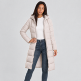 Long Quilted Hooded Puffer Coat with Zip Front
