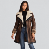 Shearling Leather Coat with Fur Collar and Zip Front