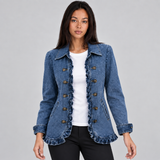 Double-Breasted Denim Jacket with Ruffle Trim