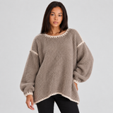 Oversized Knit Sweater with Long Sleeves and Contrast Trim