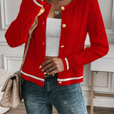 Button Front Cable Knit Cardigan with Ribbed Trim
