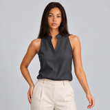 Sleeveless Blouse with Mandarin Collar and Split Neck