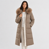 Women's Long Puffer Winter Coat with Fur Trimmed Hood and Quilted Design with Full Length Zipper