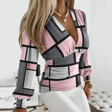 Wrap V-Neck Blouse with Ruched Waist and Balloon Sleeve