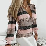 Wrap V-Neck Blouse with Ruched Waist and Balloon Sleeve