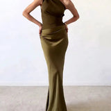 Draped Satin One-Shoulder Maxi Dress