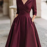Satin Midi Dress with Lapel Collar and Pleated Skirt