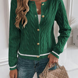 Button Front Cable Knit Cardigan with Ribbed Trim
