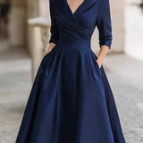 Satin Midi Dress with Lapel Collar and Pleated Skirt