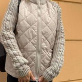 Quilted Zip-Up Jacket with Cable Knit Sleeves and High Collar