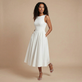 A-Line Pleated Sleeveless Midi Dress with Boat Neck