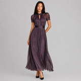 Lace Trim Chiffon Maxi Dress with High Neck and Puff Sleeves