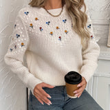 Floral Embroidered Sweater with Round Neck and Ribbed Cuff