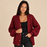 Women's Chunky Cable Knit Cardigan with Button Front and Balloon Sleeves
