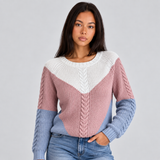 Cable Knit Color Block Sweater with Raglan Sleeves and Round Neck
