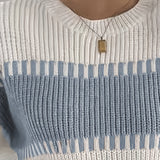 Two Tone Ribbed Knit Sweater with Balloon Sleeves and Ribbed Cuff