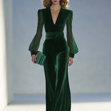 Wide-Leg Velvet Jumpsuit with V-Neck and Mesh Sleeves
