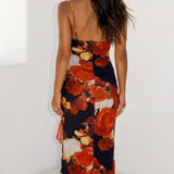 Floral Ruched Midi Dress with Ruffle Hem and Spaghetti Straps