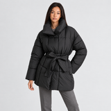 Belted Quilted Puffer Coat with High Collar and Side Pockets