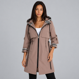 Hooded Trench Coat with Zip Front and Plaid Trim