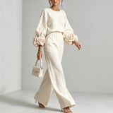 Women's Two Piece Pants Set with Floral Cuff Long Sleeve Blouse and Wide Leg Pants