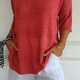Oversized Knit Top with V-Neck and Half Sleeves
