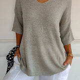Oversized Knit Top with V-Neck and Half Sleeves