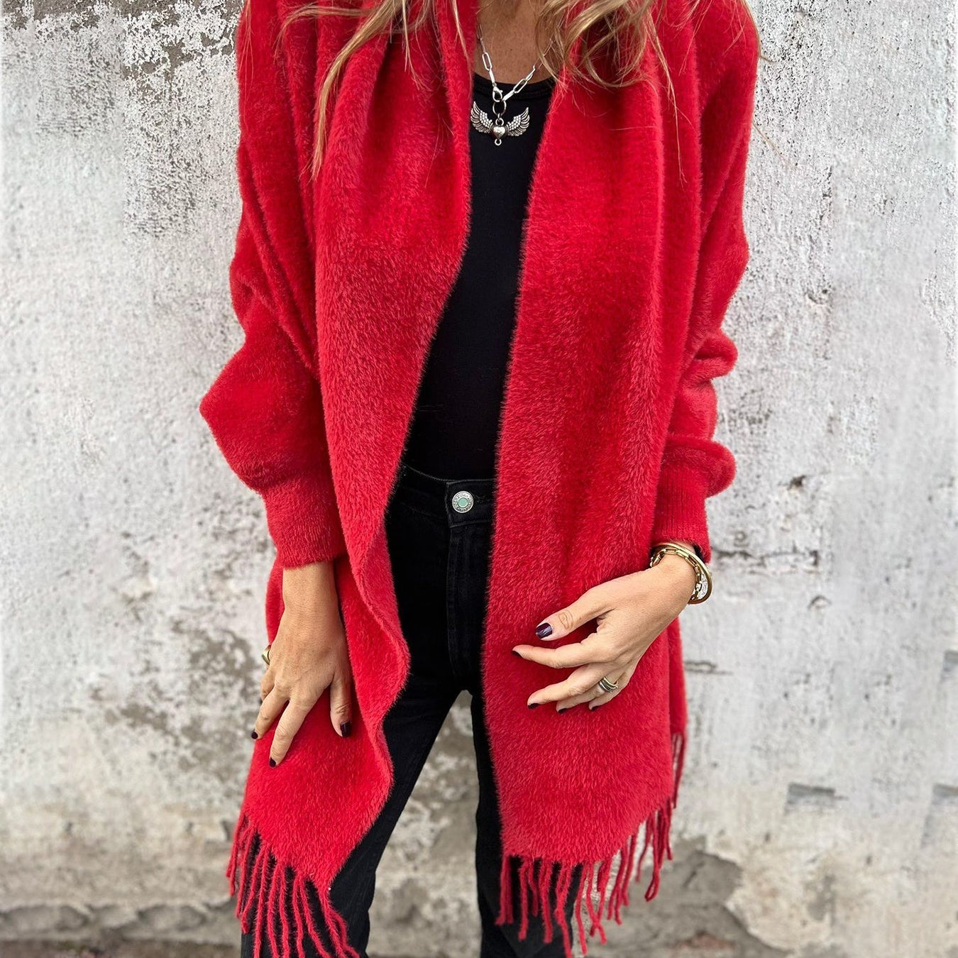 Long Open-Front Cardigan with Shawl Collar and Fringed Hem