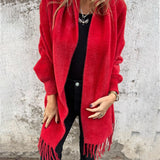 Long Open-Front Cardigan with Shawl Collar and Fringed Hem