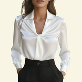 Satin Blouse with Twist Front and Collared Neckline