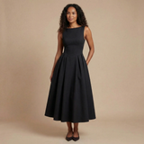 A-Line Pleated Sleeveless Midi Dress with Boat Neck