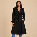 Women's Long Trench Coat with Double Breasted Front and Tie Waist Belt