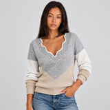 Color Block Knit Sweater with V-Neck and Ribbed Trim